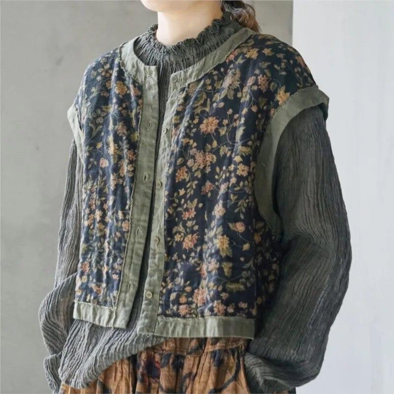 Johnature Veste din bumbac cu imprimeuri florale pentru femei Paltoane cu gât O nasturi de primăvară în stil chinezesc de înaltă calitate.