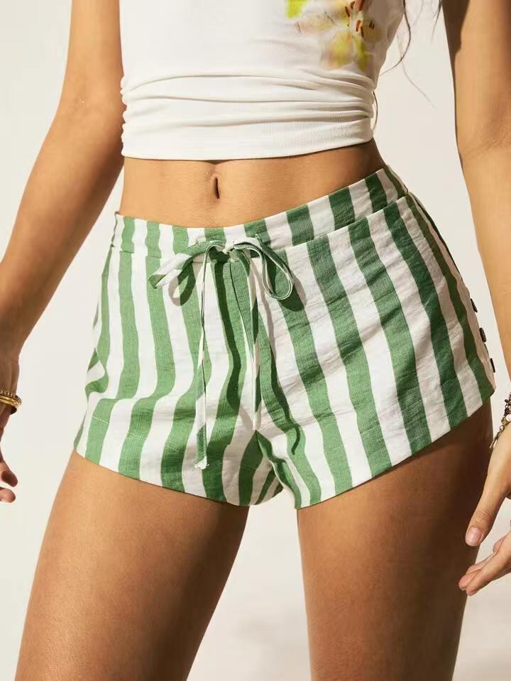 Spring/Summer 2026 Women s Casual European Green Striped High Waist Drawstring Shorts - Plus Size Medium зелёный