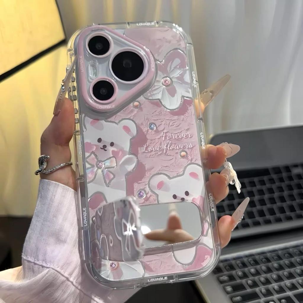 Oil Painting Teddy Bear for Apple 17 Feather Gauze Cream Phone Case for IPhone 16 Promax Cartoon 15/14 Pieces