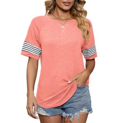 Summer Striped Patchwork Loose Round Neck Short Sleeved T-shirt Top for Women Shirt