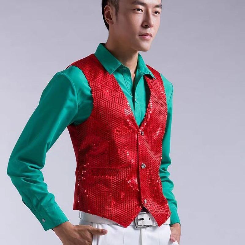 

Singer Student Middle-aged Youth Fashion Dance Dance Sequin Performance Vest Stage Vest Men s Personality L красный