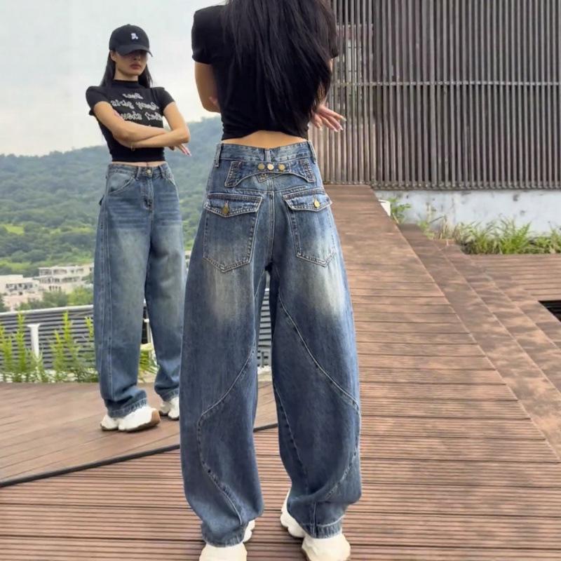 

Women s Retro Wide-Leg High-Waisted Jeans - Plus Size Slimming, Loose Fit, Autumn Style. Extra Large синий