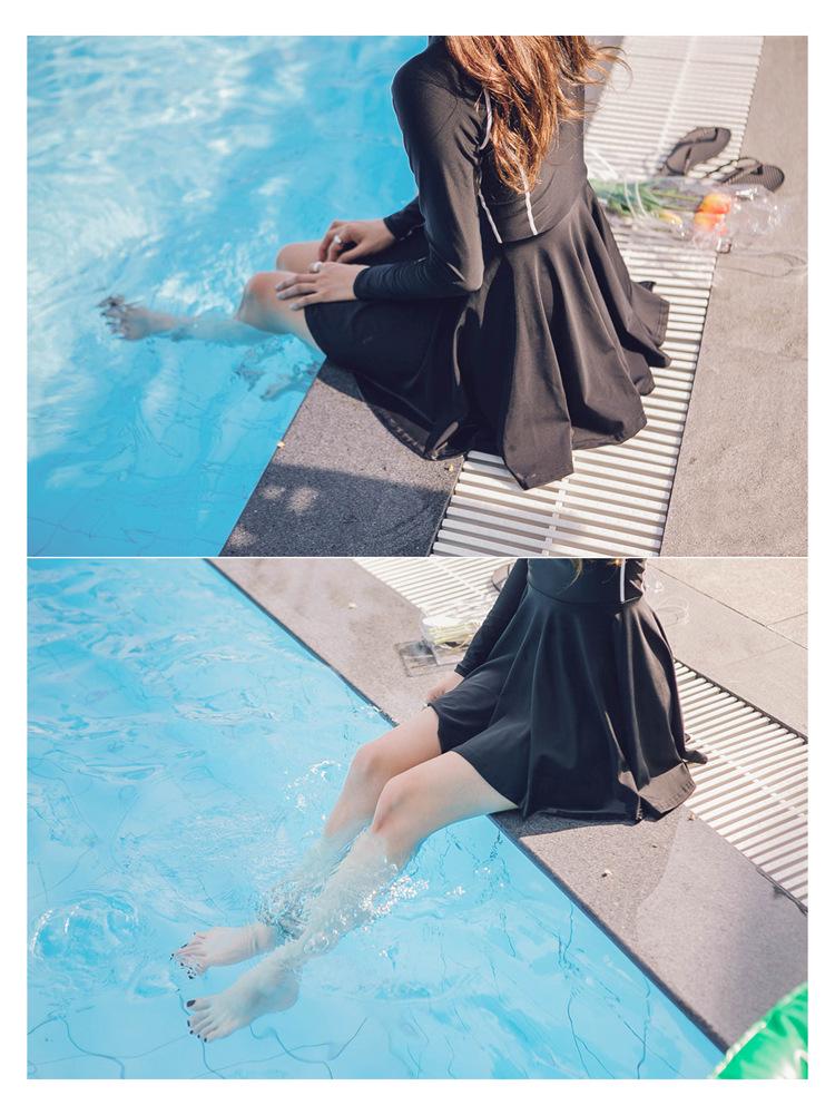 Korean Style Long Sleeve Skirted One-Piece Bikini Swimsuit with Sun Protection - Women's Conservative Slimming Swimwear