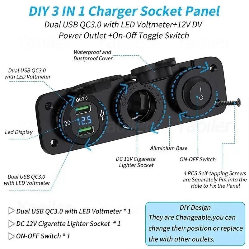 12V Quick Charge 3.0 USB Socket Panel Dual QC3.0 USB Socket Outlet Adapter for Car Boat RV Motorcycle