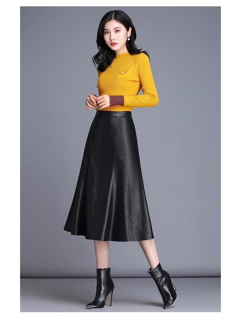Women's Genuine Leather High Waist Midi Skirt - Autumn 2025 A-line Lambskin Umbrella Skirt