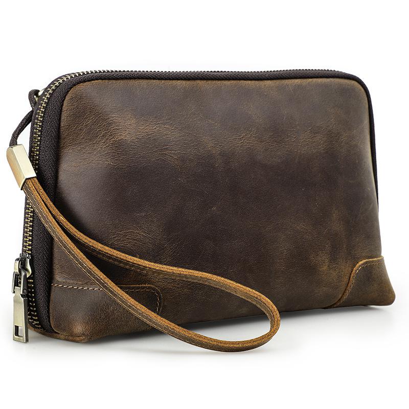 Black Angel Retro Crazy Horse Leather Clutch with Wrist Strap - Men s Bluetooth Earbuds and Data Cable Storage