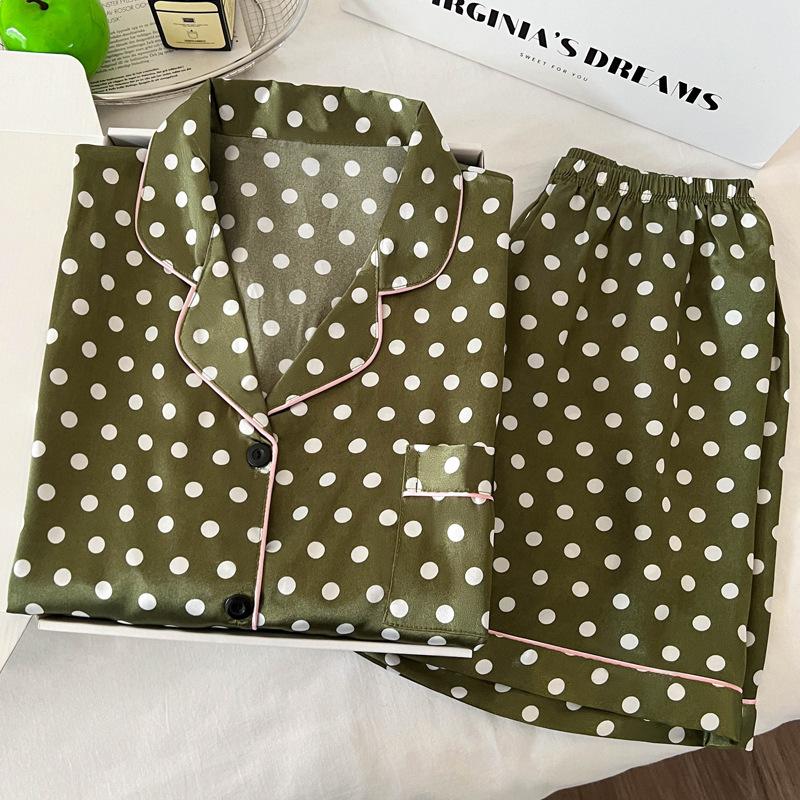 Mori Color Matching Small Dot Ice Silk Pajamas Women'S Summer Short-Sleeved High-End Loungewear Set