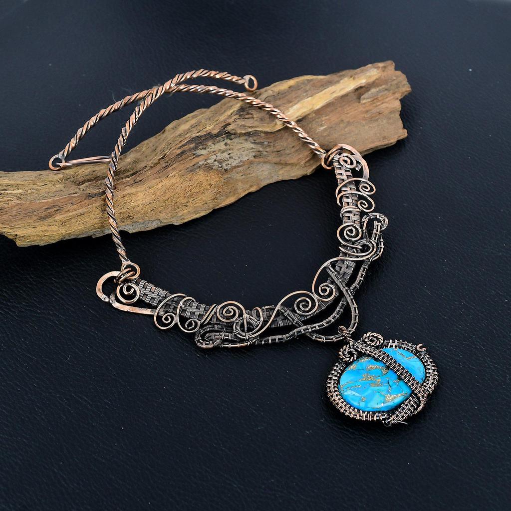 Blue Copper Turquoise Handmade Gemstone Necklace, 999 Copper Wire Wrapped Necklace Antique Jewelry, For Engagement Gift