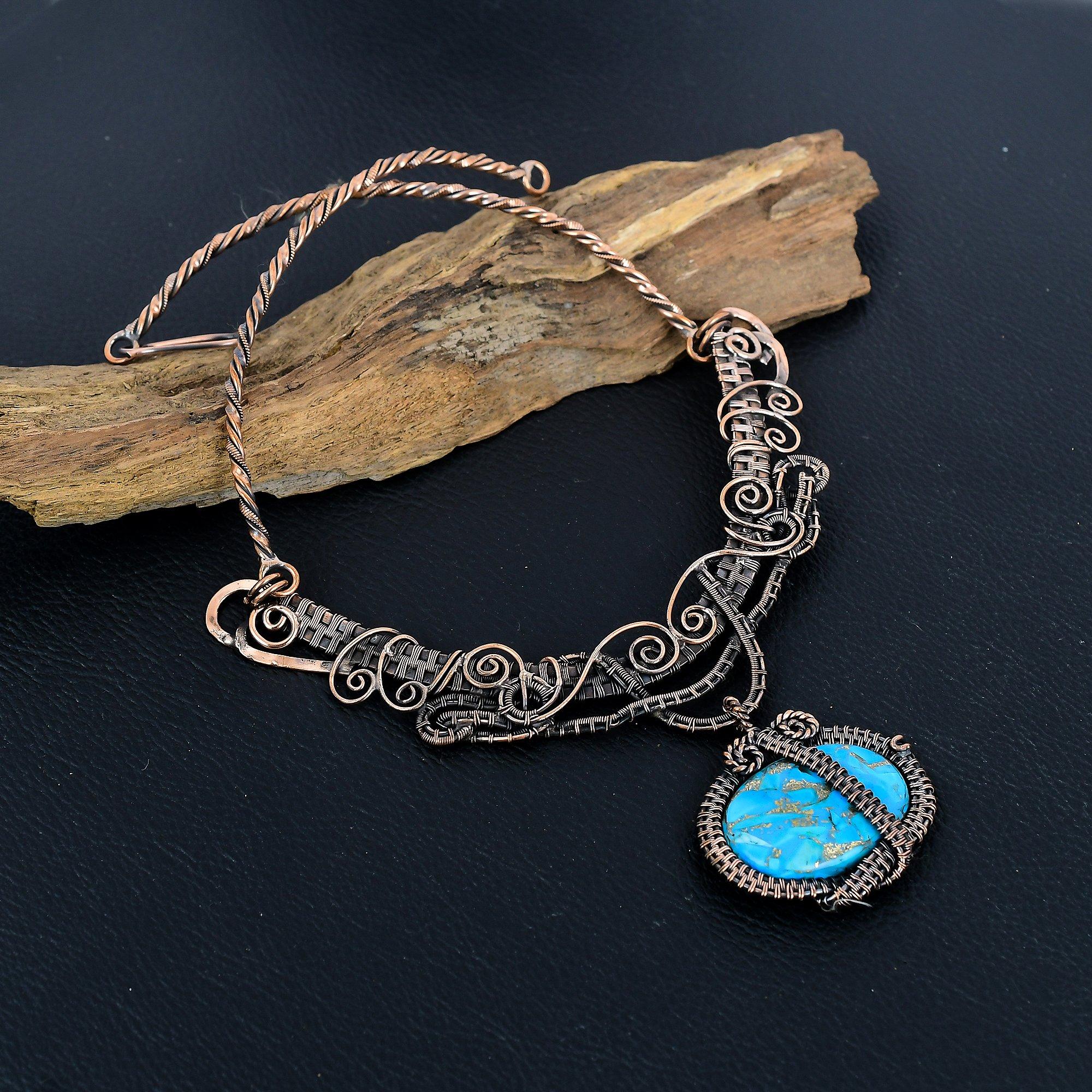 

Ожерелье из бирюзы голубой меди ручной работы, обернутое медной проволокой 999 пробы, антикварное украшение, для подарка на помолвку
