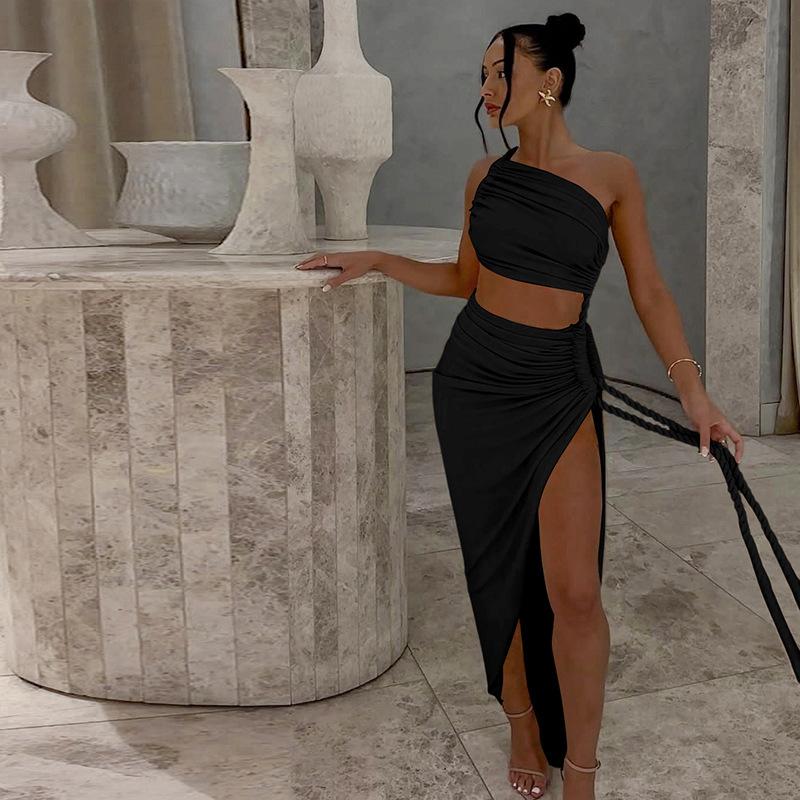 Women's autumn new fashion one shoulder tube top halter hollow tether pleated dress