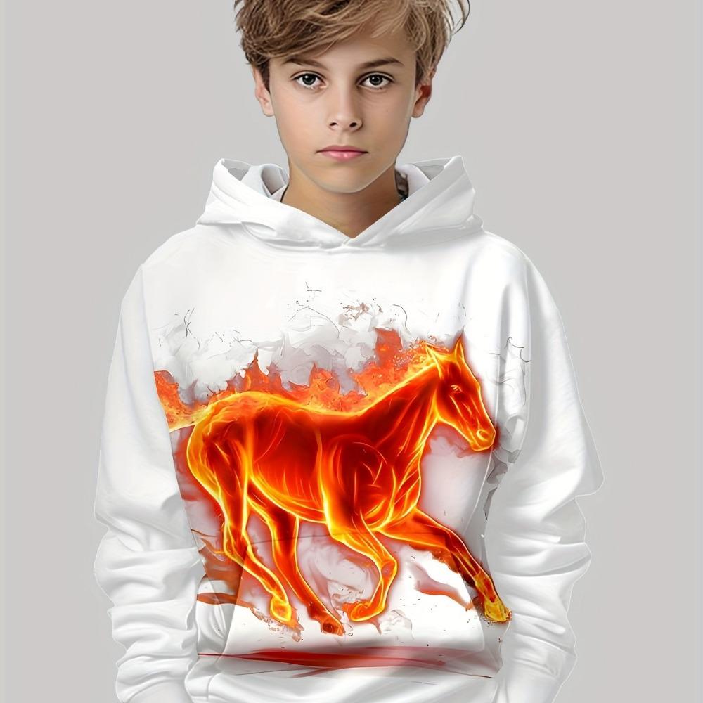 Boys' Hooded Sweatshirt, Long Sleeve, Running Horse Print, Children's Spring and Autumn Clothing, Fashionable Outdoor Pullover
