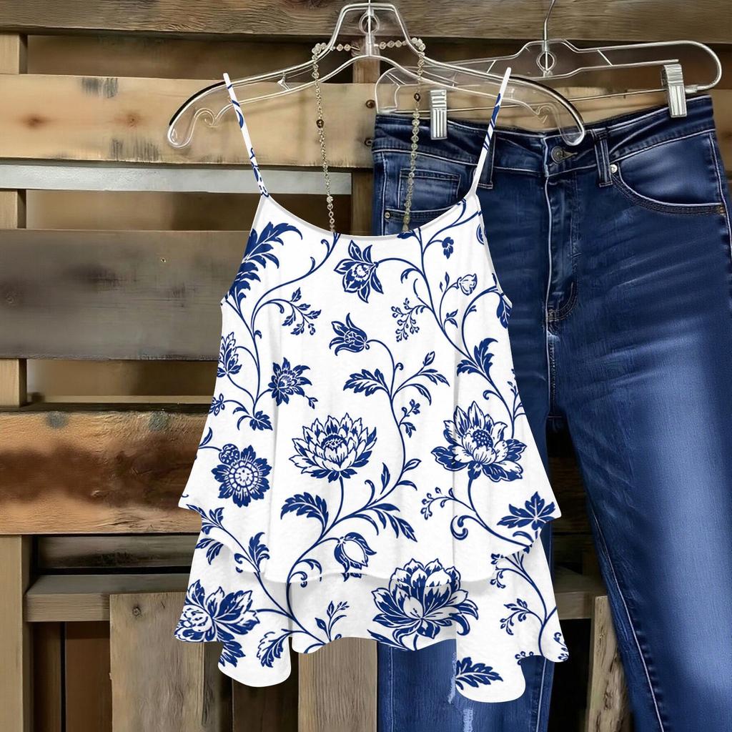 Women Sleeveless Floral Print Double Layer Camisole Top Lightweight Spaghetti Strap Summer Blouse Casual Loose Fit Shirt