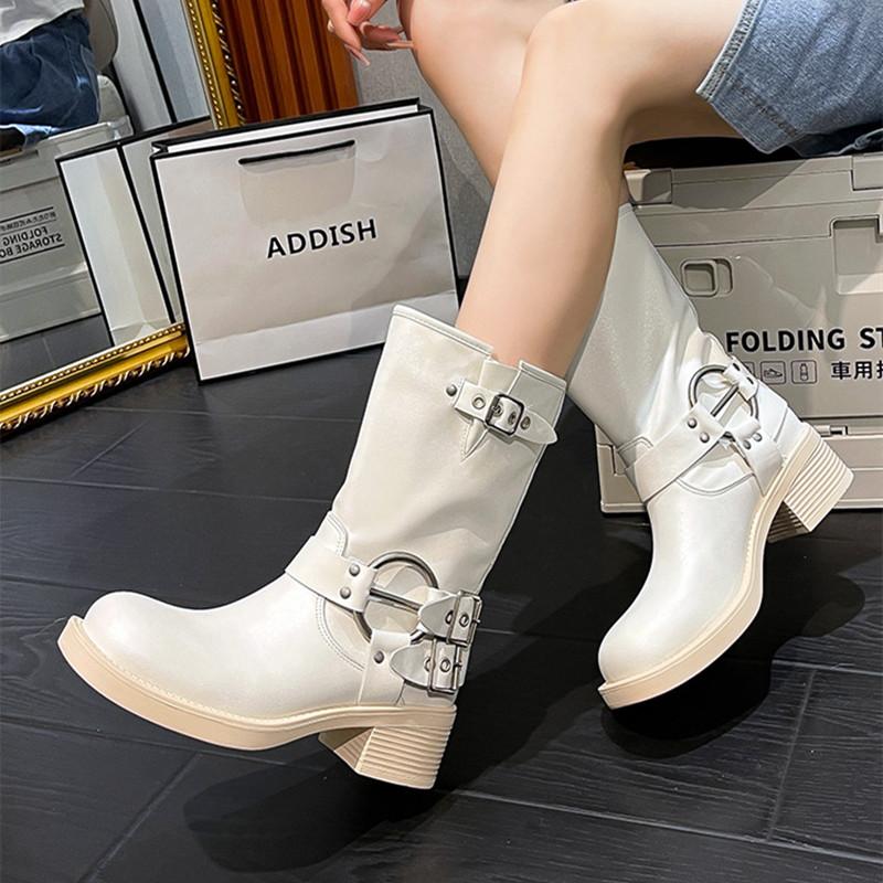 Genuine Leather Boots Women  Mid-calf Metal Buckle Designer Boots for Women Retro Thick Heel Platform Ankle Boots Botines