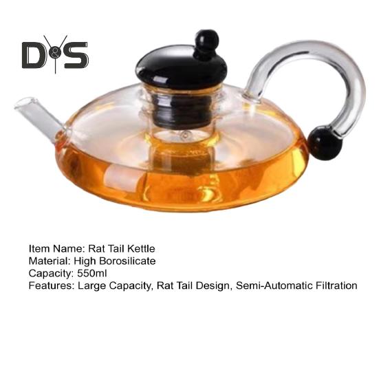 Glass Tea Pot Rat Tail Kettle Large Capacity Teapot with Infusers for Loose Tea 18.5oz High Borosilicate Filtration Teapot