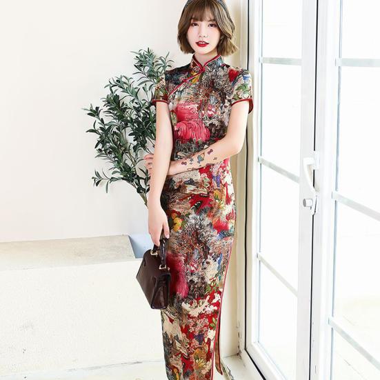 Lady Petticoats Plus Size Women Cheongsam Floral Print Slim Short Sleeve Splits Midi Dress for Party
