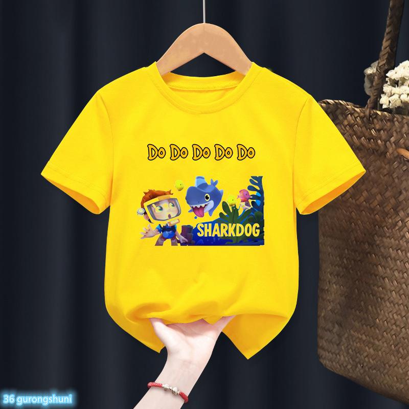 Cute Boys Girls Kawaii Sharking with Sharkdog Cartoon Print Children'S Tshirt Summer Baby Clothes White Short Sleeve Tops