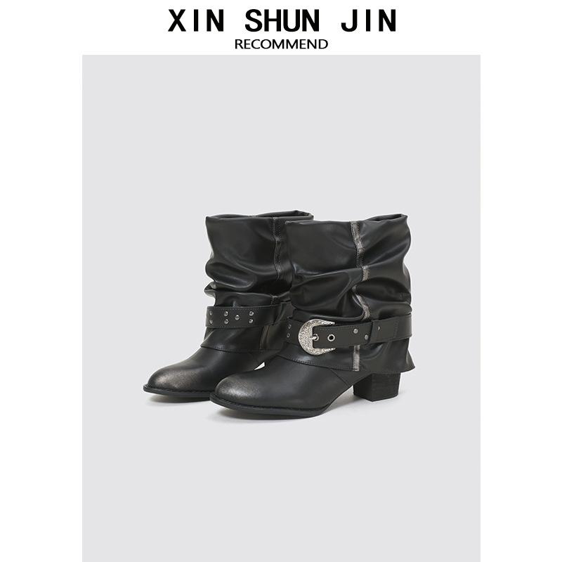 Folded Western Cowboy Boots Autumn Women'S Pile Boots Heel Pointed Knight Boots Pant Pants Boots