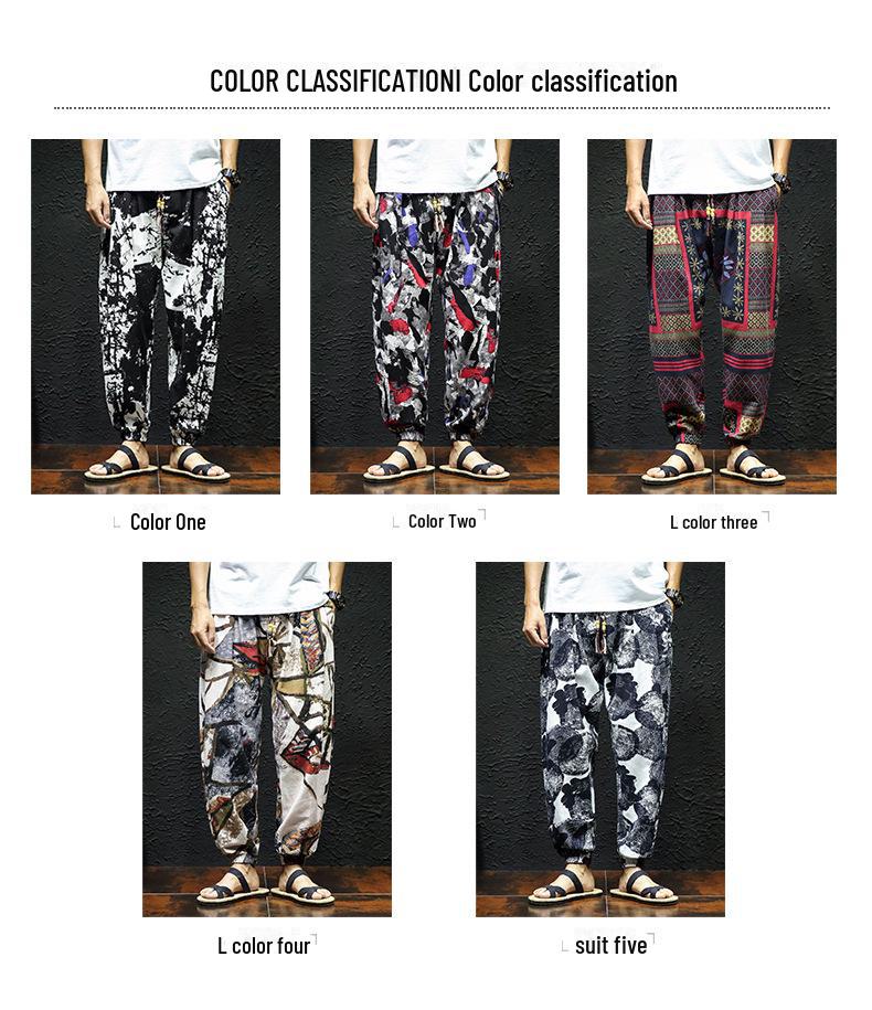 2023 Men's Autumn Cotton-Linen Floral Retro Large Size Slim-Fit Trousers