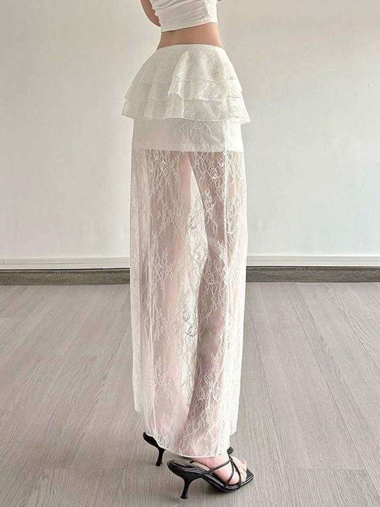 Women's Lace Mesh Skirt Y2k White Midi Skirt Elegant Bohemia Style Clothing Summer