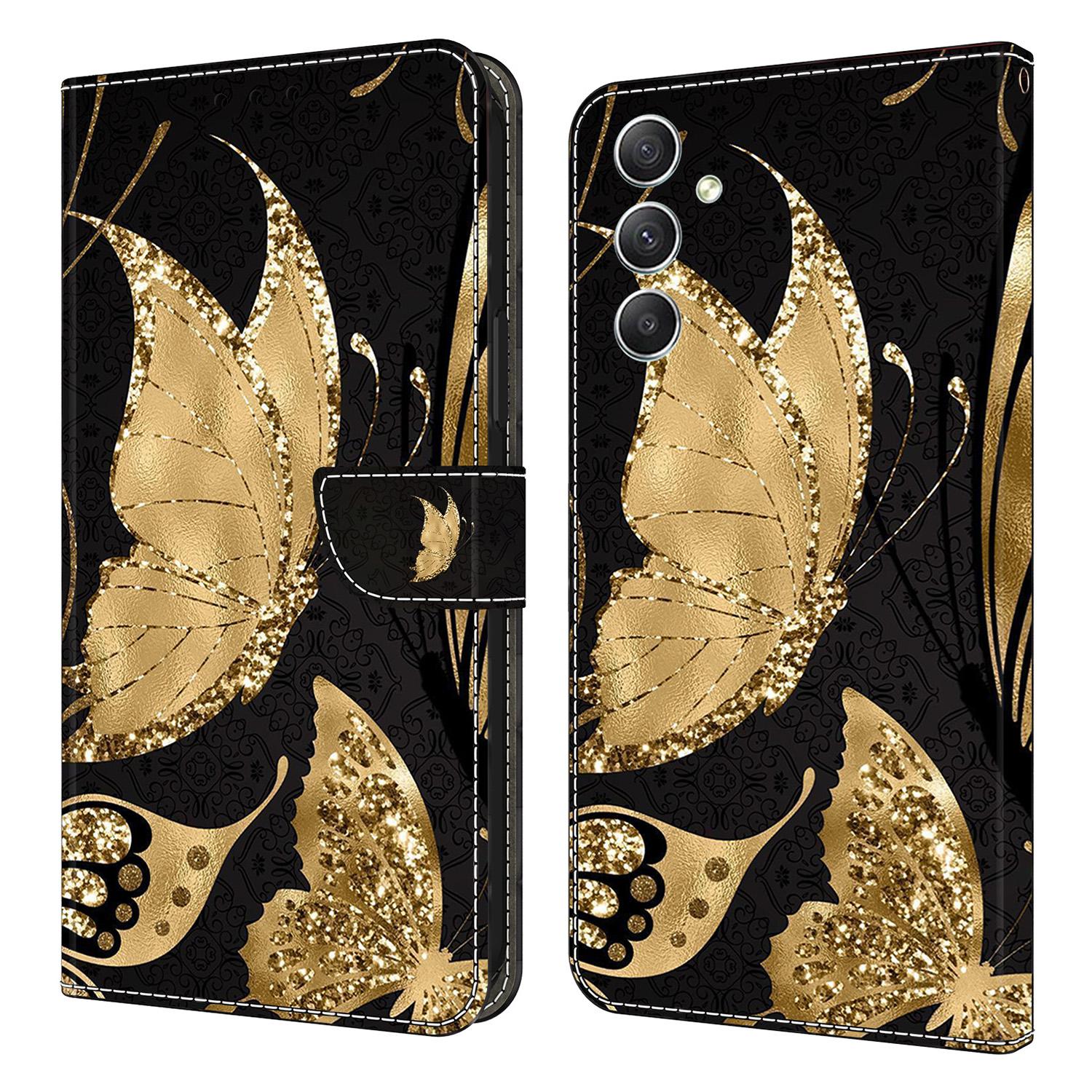 

For Samsung Galaxy A15 4G Case Anti-scratch PU Leather 3D Pattern Phone Cover Golden Butterfly