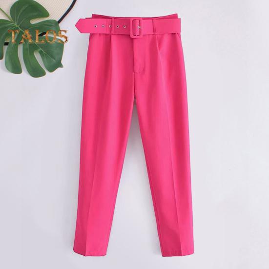 Dámské oblekové kalhoty s vysokým pasem, rovný střih nohavic, dlouhé kalhoty s kapsami, jednobarevné, ležérní pracovní kalhoty