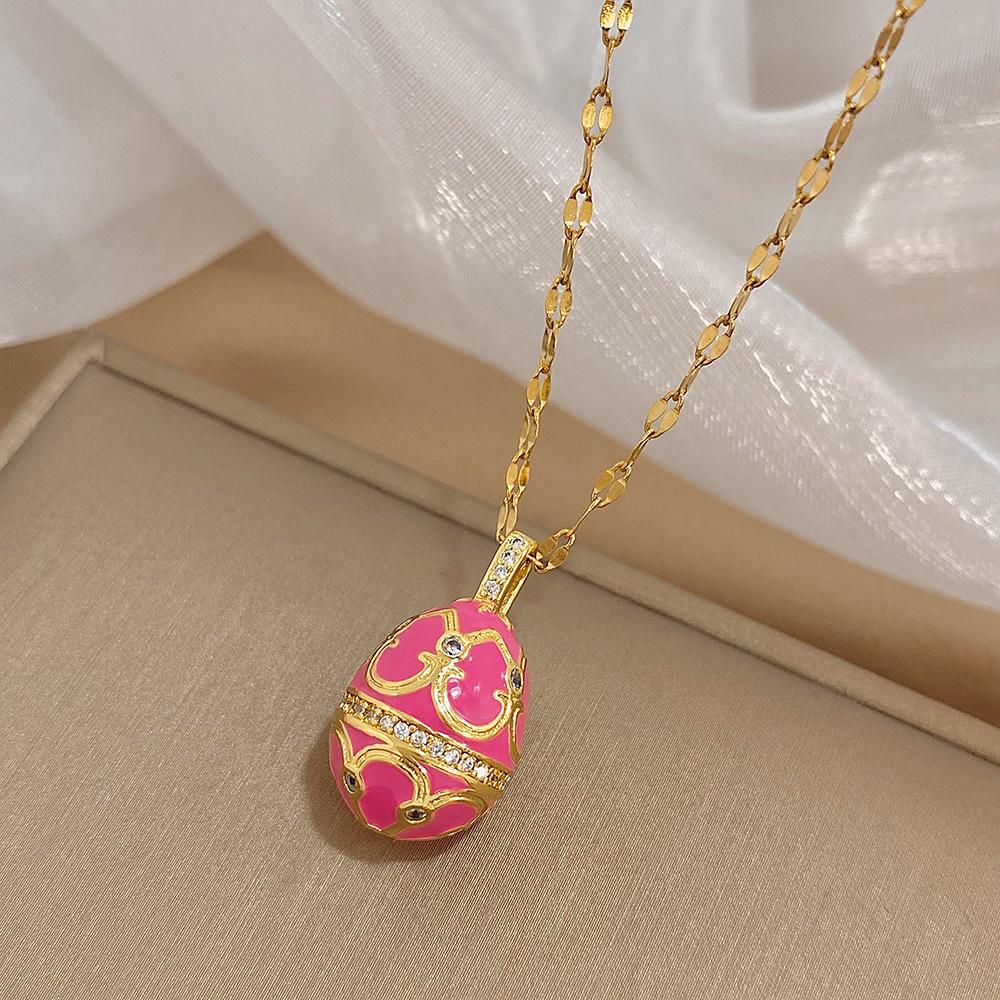 AENSOA Bunte Emaille Ostereier Anhänger Halsketten für Frauen Guilloche Medaillon Ei Strassstein Charm Halskette Gold Farbe Schmuck