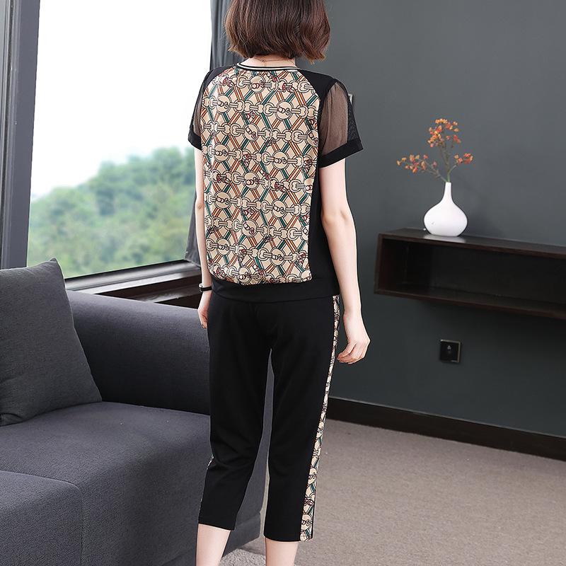 Summer 2023 Women's Mesh Splicing Short-Sleeve Cropped Pants Set - Fashionable Large Size Mother's Suit