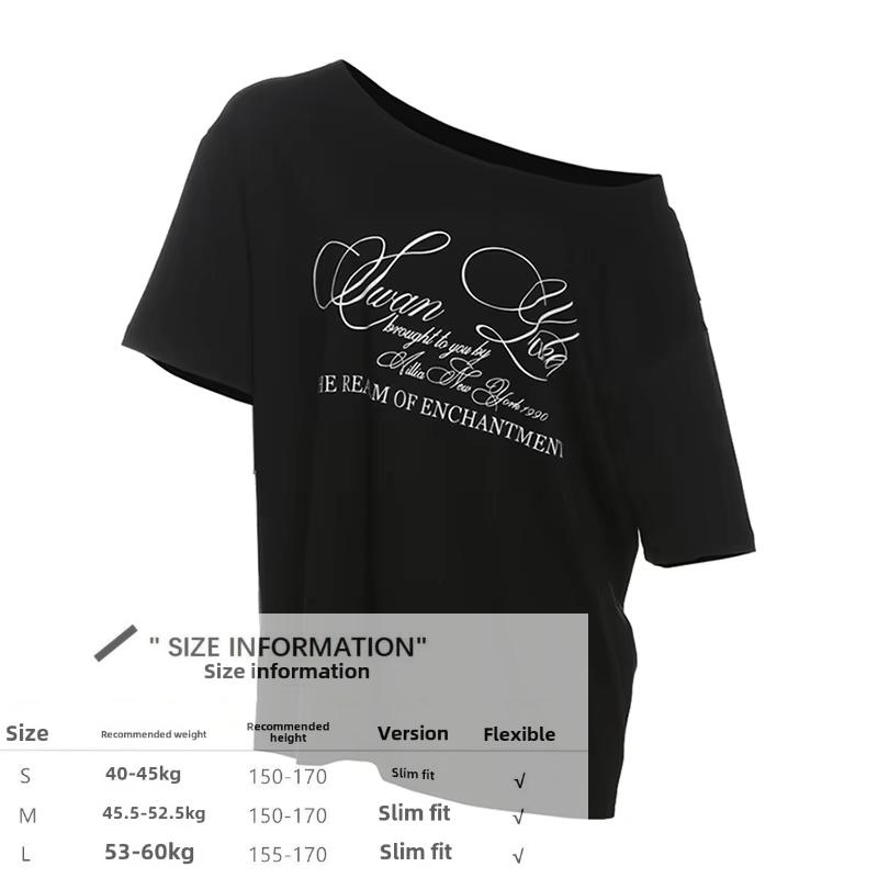 Y2k Estetisk Casual Off Shoulder T-shirt Lös Bokstavstryck Harajuku T-shirts Grunge Vintage Streetwear Oversized T-shirts