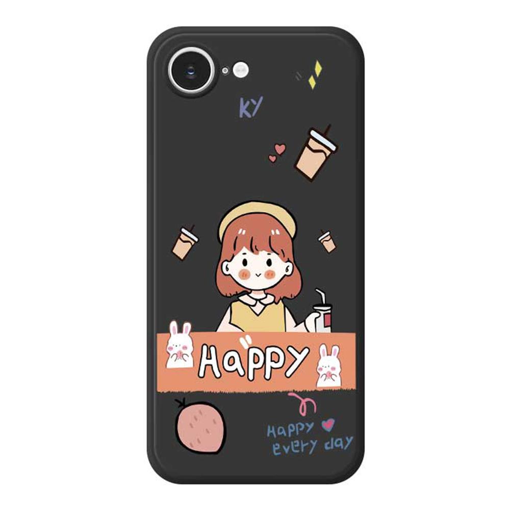 

For iPhone 16e Case Happy Girl Pattern Printing Straight Edge TPU Phone Back Cover Black