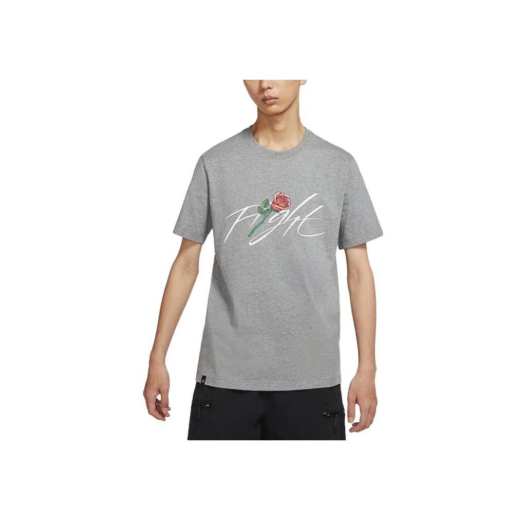 Jordan Hand-Painted Rose and Letter Print Crew Neck Short Sleeve T-Shirt Men Tops Gray DQ7391-091