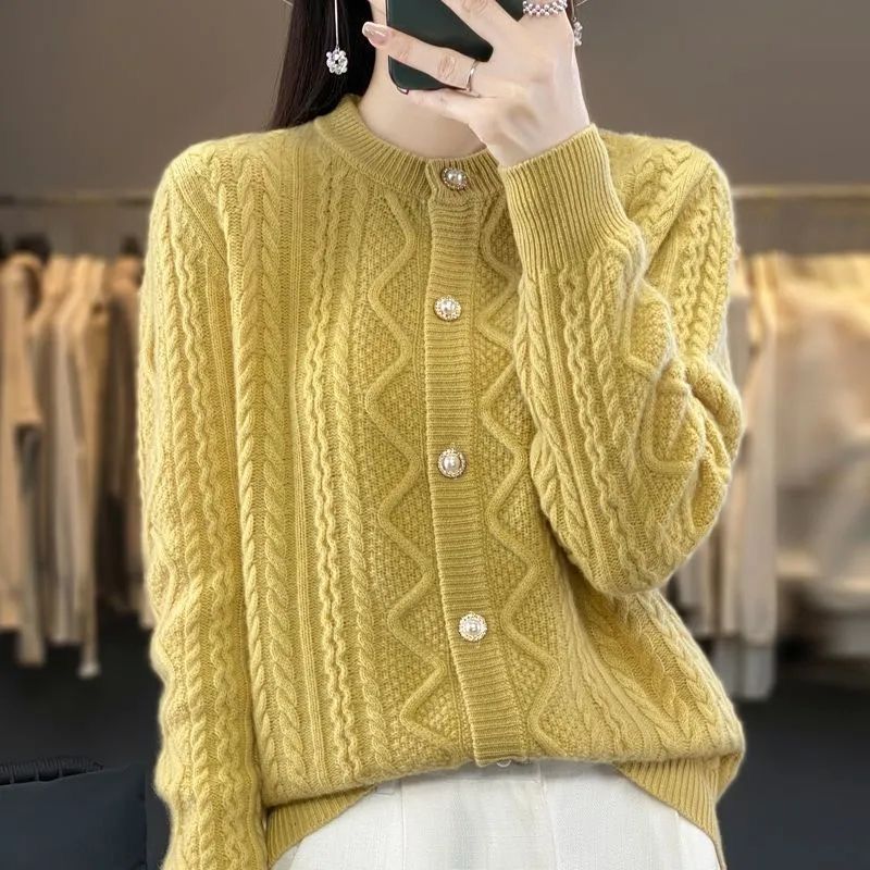 New Crew Neck Knitted Autumn and Winter Coat Casual Versatile Twist Loose Cardigan Sweater Women