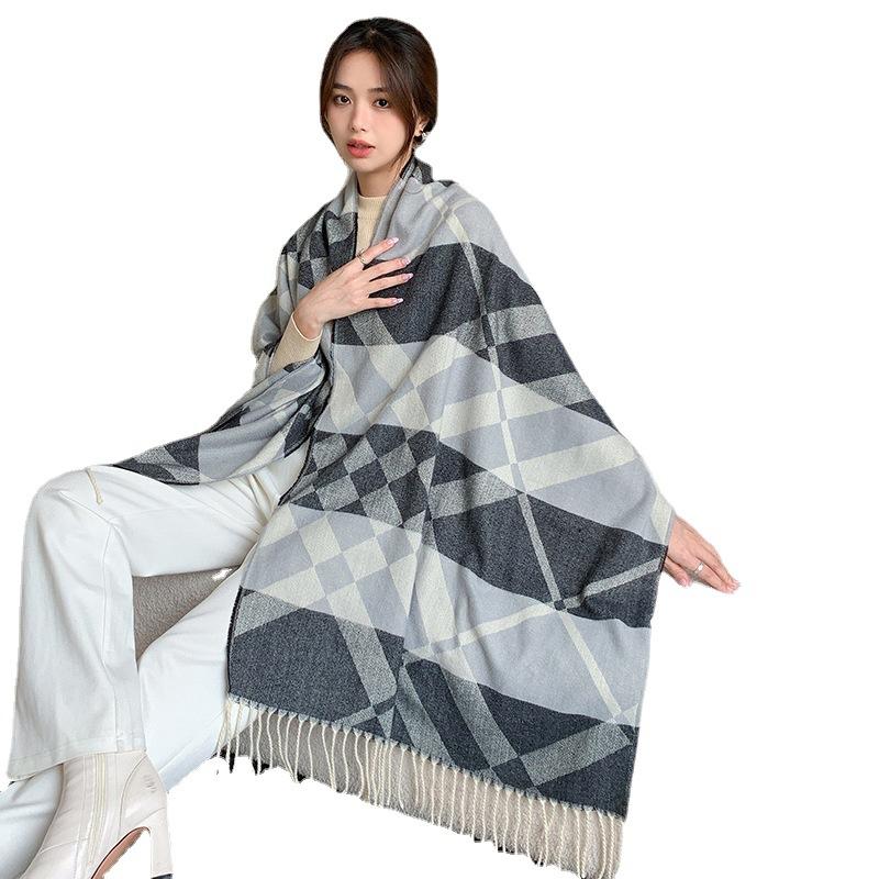 Autumn and Winter New Simple Starry Space Tassel Shawl Scarf Dual Purpose Retro Tassel Plaid Imitation Cashmere Scarf for Women