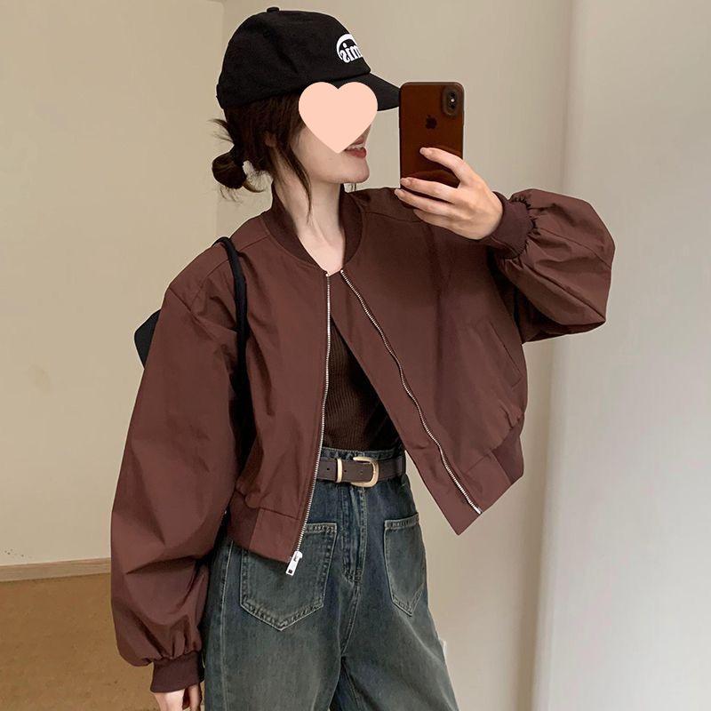Schwarze Koreanischer Stil Petite Stehkragen Baseballjacke - Herbst/Winter Lässig Vielseitig Mode