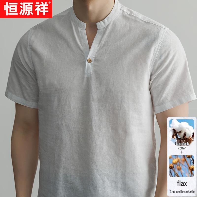Hengyuanxiang Men s V-Neck Cotton Linen Short Sleeve Shirt 2XL