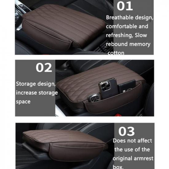 PU Leather Car Armrest Cushion Cover Center Console Box Pad Protect & Pocket Kit