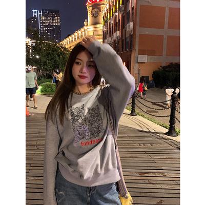 Crew Neck Sweater Women's Velvet Outer Wear Graffiti Cat Personalized Printing Loose Women's Sweater