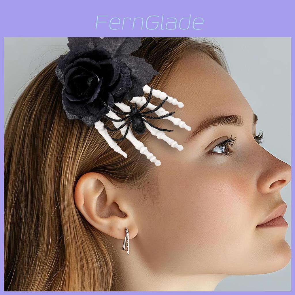 Halloween Black Rose Skull Claw Hair Clip With Spooky Spider For Costume Accessories