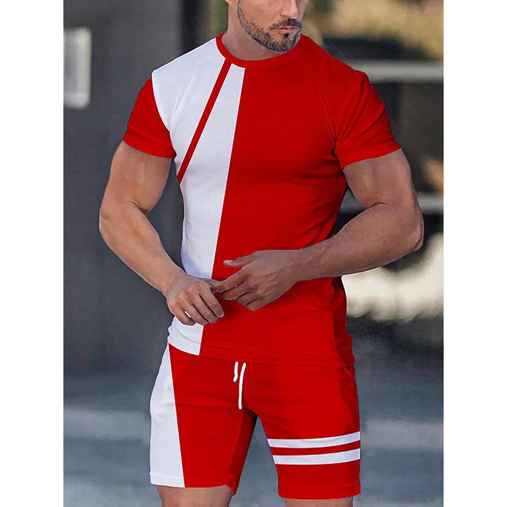 Patchwork Printing Mens 2 Pieces Casual Fashion T-shirt Set Workout Tracksuit Shirt And Shorts Set Sport Summer Outfit Sets