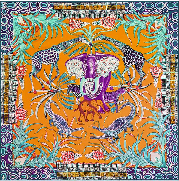 130cm Twill Silk Scarf Women Luxury Brand Giraffe Elephant Design Square Scarves Large Bandana Kerchief Hijab Female Head Scarf