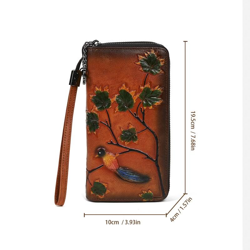 Johnature Vintage Peněženka Držitel na karty Pravá kůže Ražená Dámské Dlouhé Peněženky Pravá Hovězí Kůže Ruční Kabelka