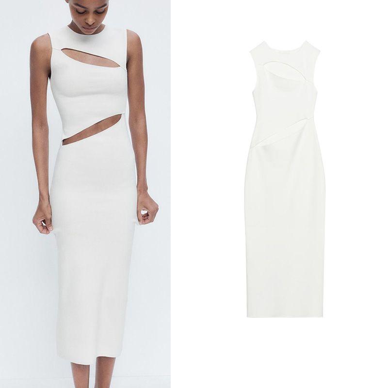 Spring and Summer New Women's Clothing Round Neck Sleeveless Open Design Stretch Work Clothing Midi Skirt Dress 5584370