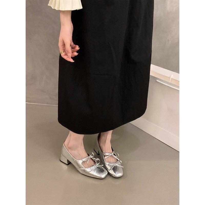 French medium high heel silver Mary Jane single shoes women's shoes spring and autumn 2024 new summer square head gentle evening shoes