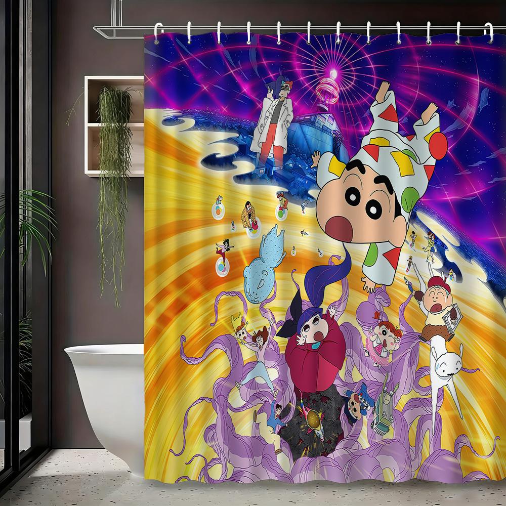 Crayon Shin-Chan & Friends School Uniform & Robot Statue Scene 2D Print Waterproof Shower Curtain, Blue & Yellow Bathroom Decor