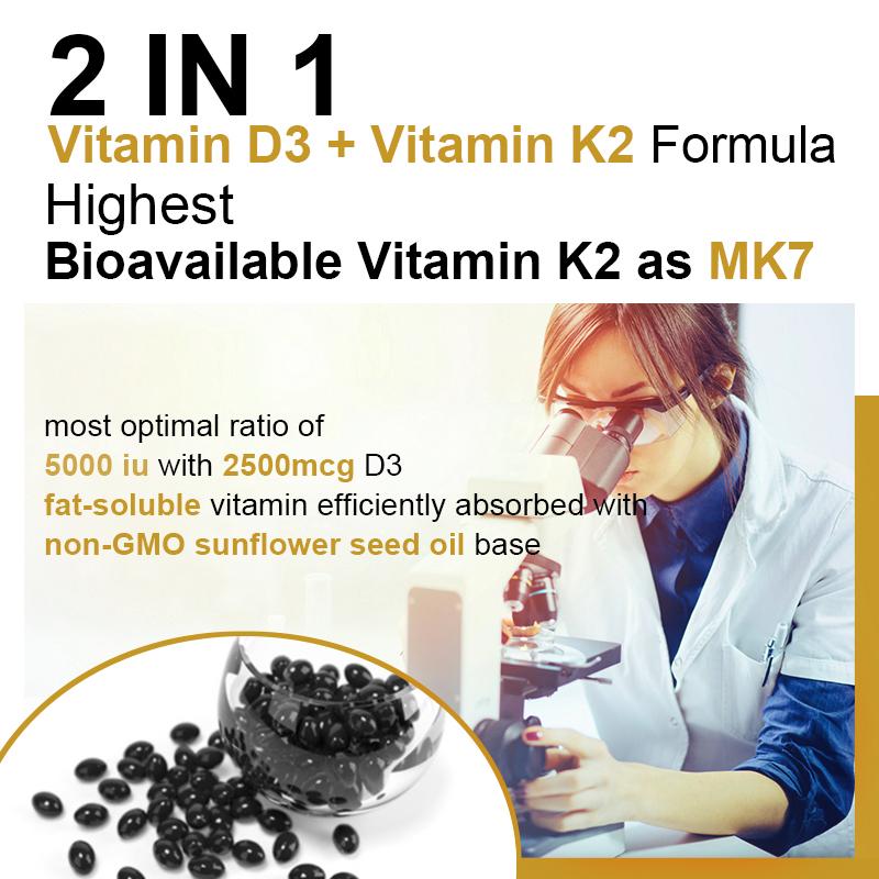 Bcuelov pflanzliche Vitamin D3+K2 Kapseln 2500mg mit Kalzium und mehreren Vitaminen zur Stärkung des Immunsystems 120 Kapseln