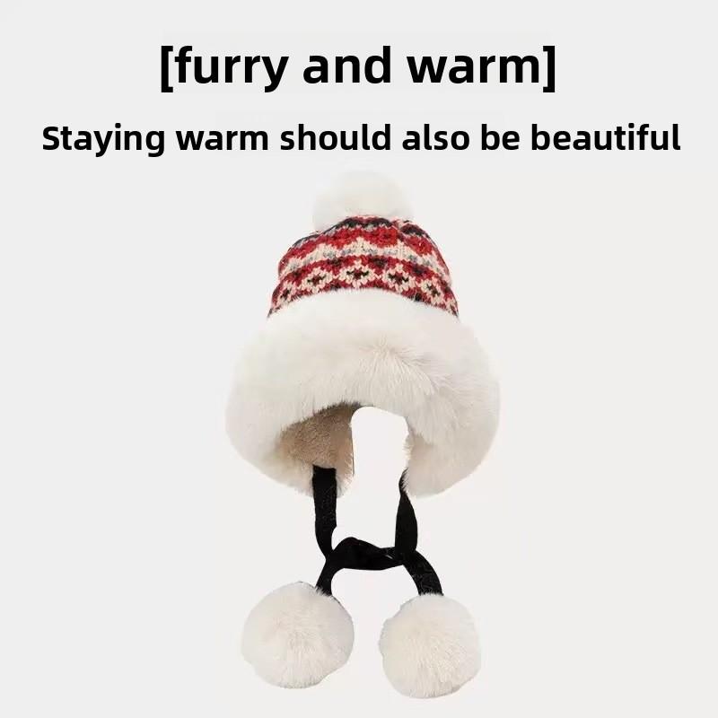 Mongolische Strickmütze mit Fleecefutter für den Winter Damen Wärme und Windschutz