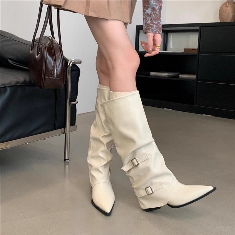 Ретро штани-чоботи на товстому підборі, чоботи з гострим носком, високі чоботи жіночі 2025 нова осінь-зима чорні чоботи-панчохи, високі чоботи-ботфорти