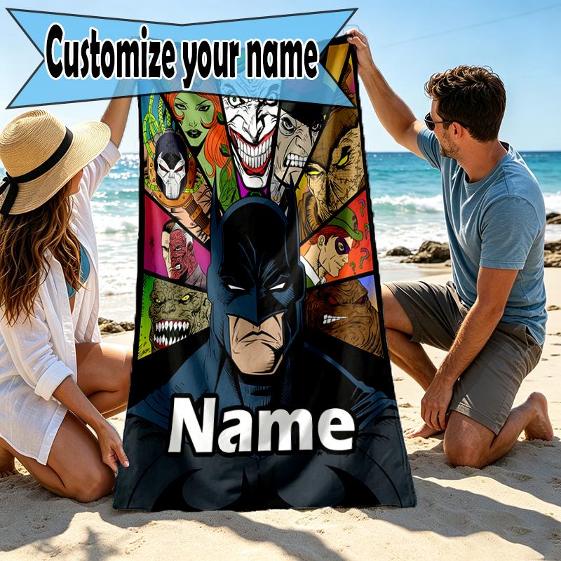 Custom Name Personalized Batman Print Beach Towel, for Trip Camping Beach Party Home Decor, Birthday Gift for Family & Friends