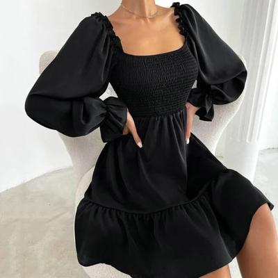 Jar Jeseň Ženy Skladané Minišaty zavinuté na hrudi Štvorcový golier s dlhým rukávom Vysoký pás Volán Voľný lem Jednofarebné Šaty