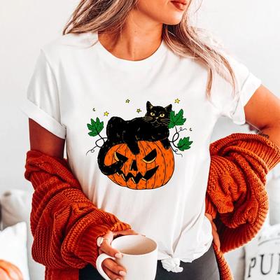 Retro Black Cat And Pumpkin Tshirt Women Autumn Spooky Season Holiday Top Tee Shirt Funny Halloween Party Tshirt