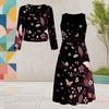 Set Due Pezzi Abito Midi Nero da Donna Taglie Forti Scollo Rotondo Manica Lunga Stampa Farfalle